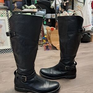 Frye Black Leather Knee High Boots w/ Buckle